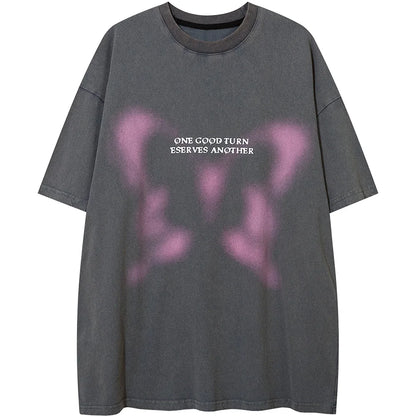 Aolamegs Butterfly Inkjet Letter Print Washed T-shirt Men Short Sleeve Tops Retro High Street Baggy Oversized Tees Shirts Couple Street King Limited