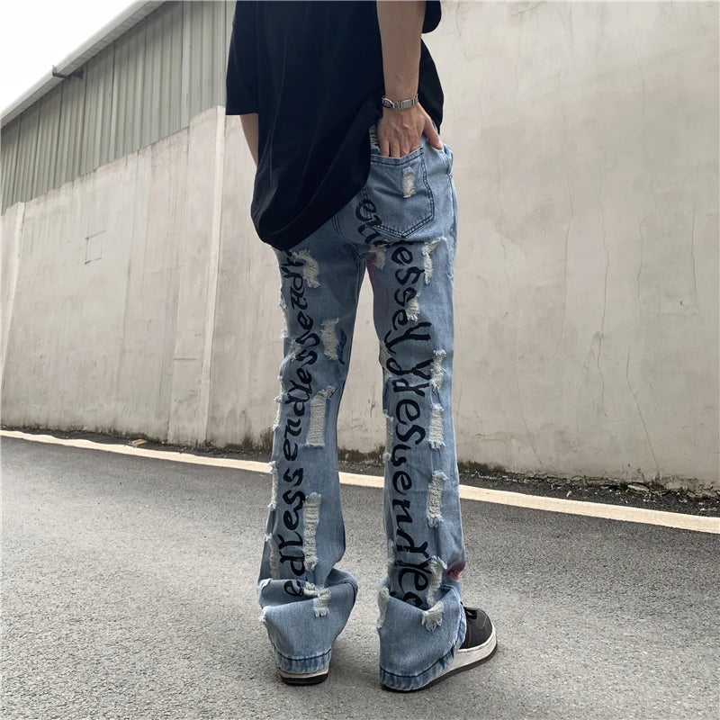 fashion back letters printed denim flare jeans mens zipper straight trouser hip hop destroy holes streetwear jean pants joggers unique joggers style 4656