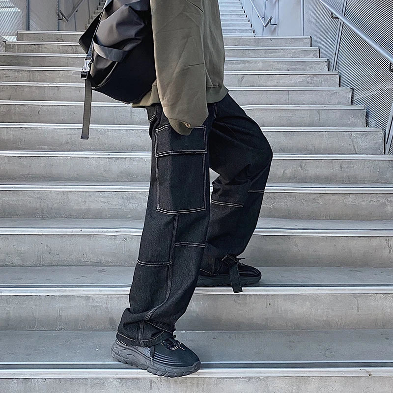 men jeans wide leg denim pants loose straight baggy mens jeans hip hop streetwear skateboard neutral denim trousers cargo jeans unique cargo style 2453