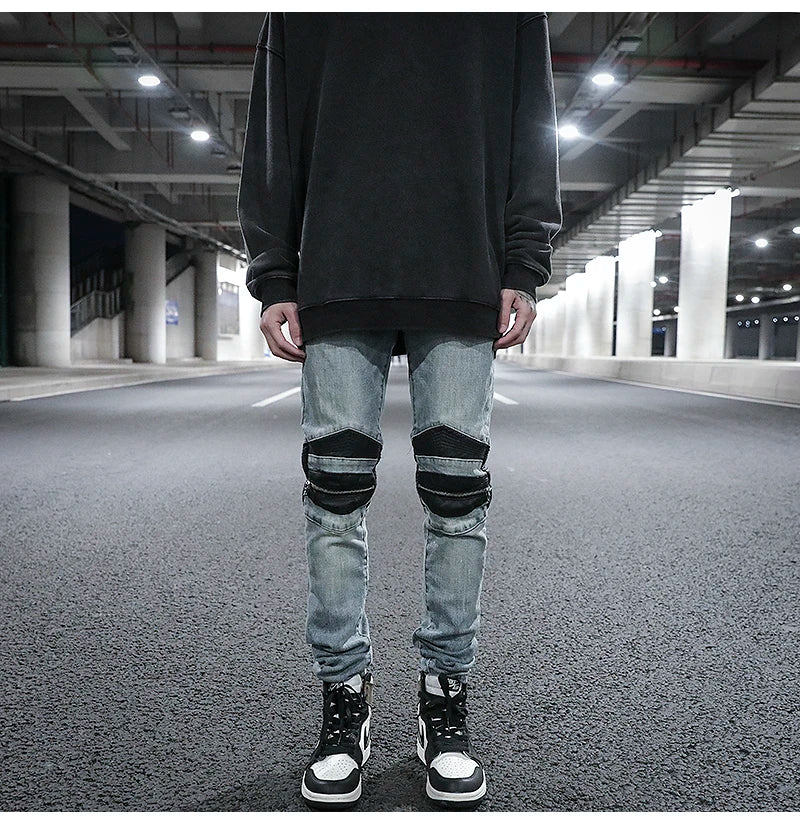 knee zipper hole patckwork skinny denim jeans men casual slim biker trousers jeans fashion streetwear hip hop jean pants joggers unique joggers style 11
