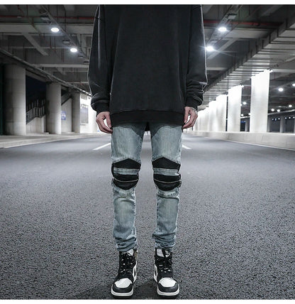 knee zipper hole patckwork skinny denim jeans men casual slim biker trousers jeans fashion streetwear hip hop jean pants joggers unique joggers style 11