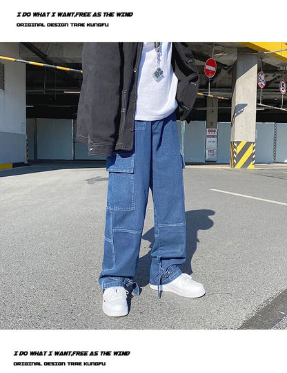 men jeans wide leg denim pants loose straight baggy mens jeans hip hop streetwear skateboard neutral denim trousers cargo jeans unique cargo style 2466
