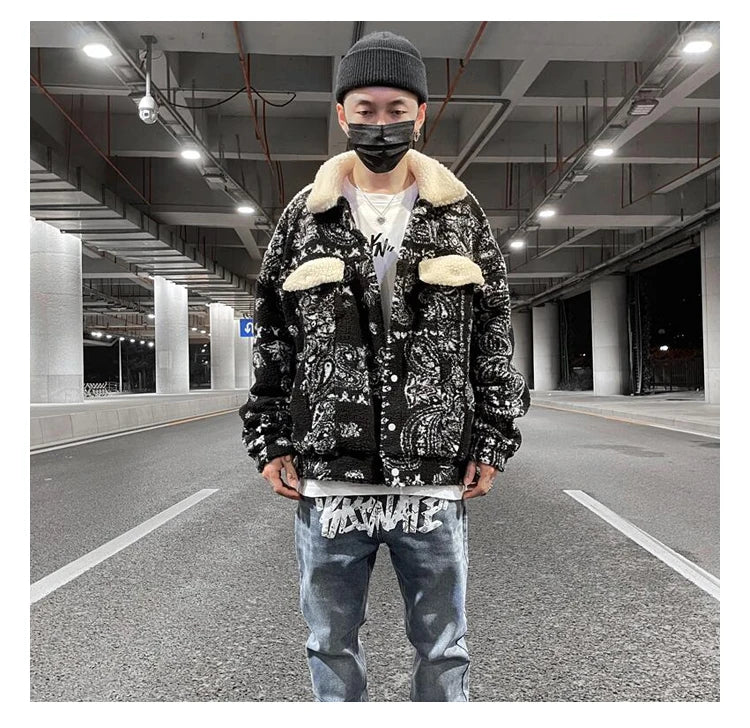 mens paisley fleece jackets coats fashion hairy single button loose bomber outerwears casual warm parkas thick streetwear jacket unique default style 5312
