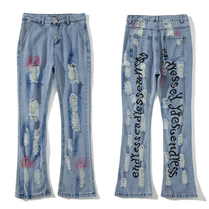 fashion back letters printed denim flare jeans mens zipper straight trouser hip hop destroy holes streetwear jean pants joggers unique joggers style 4645