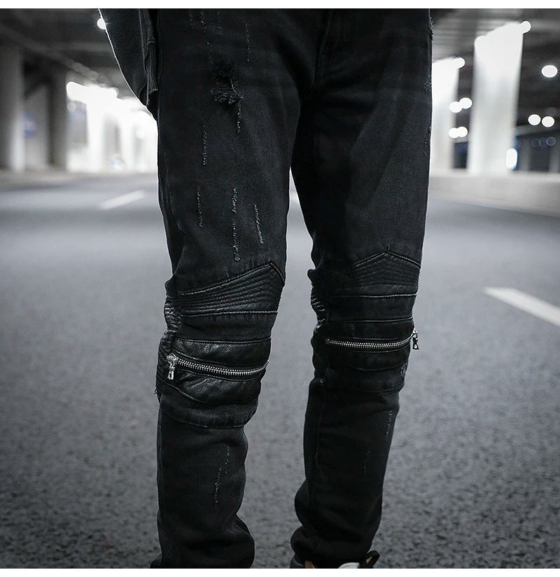 knee zipper hole patckwork skinny denim jeans men casual slim biker trousers jeans fashion streetwear hip hop jean pants joggers unique joggers style 26