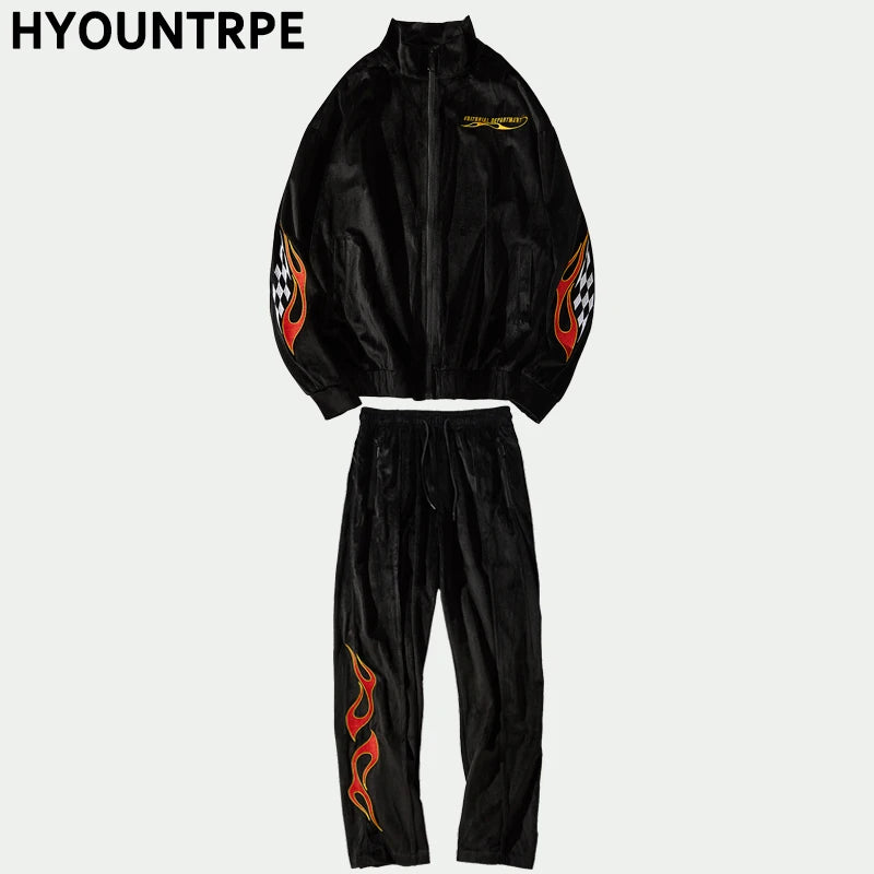 2 pieces set men embroidery velvet zipper jacket and elastic waist loose straight pants sweatsuit hip hop tracksuits sweatsuit unique default style 3292