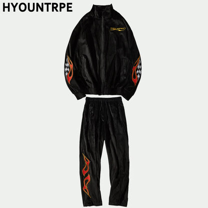 2 pieces set men embroidery velvet zipper jacket and elastic waist loose straight pants sweatsuit hip hop tracksuits sweatsuit unique default style 3292