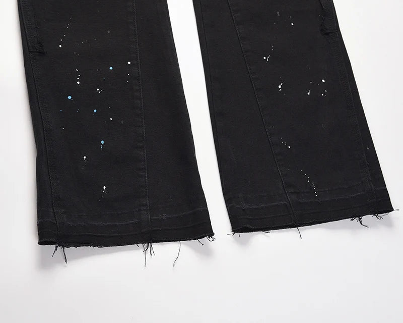 Graffiti Ink Painted Wide Leg Flare Pants Mens Streetwear Straight Casual Jeans Harajuku Washed Retro Loose Denim Trousers Street King Limited