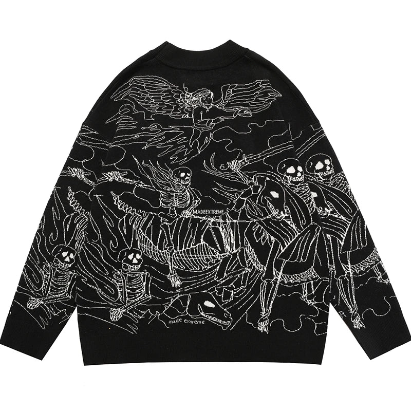 Vintage Knitted Sweater Harajuku Ukiyo-e Style Skull Graffiti Pullover 2021 Autumn Streetwear Sweater Men Women Cotton Knitwear Street King Limited