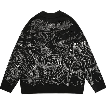 Vintage Knitted Sweater Harajuku Ukiyo-e Style Skull Graffiti Pullover 2021 Autumn Streetwear Sweater Men Women Cotton Knitwear Street King Limited