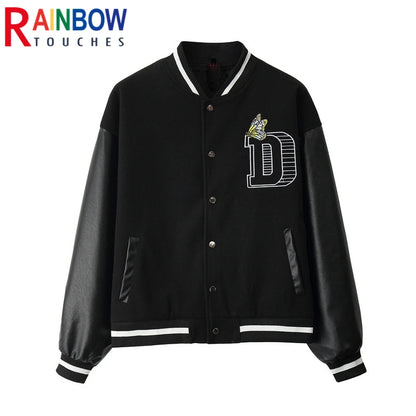 rainbowtouches men trendy hiphop embroidered baseball uniform single breasted side pocket high street stitched pu leather jacket unique default style 5117