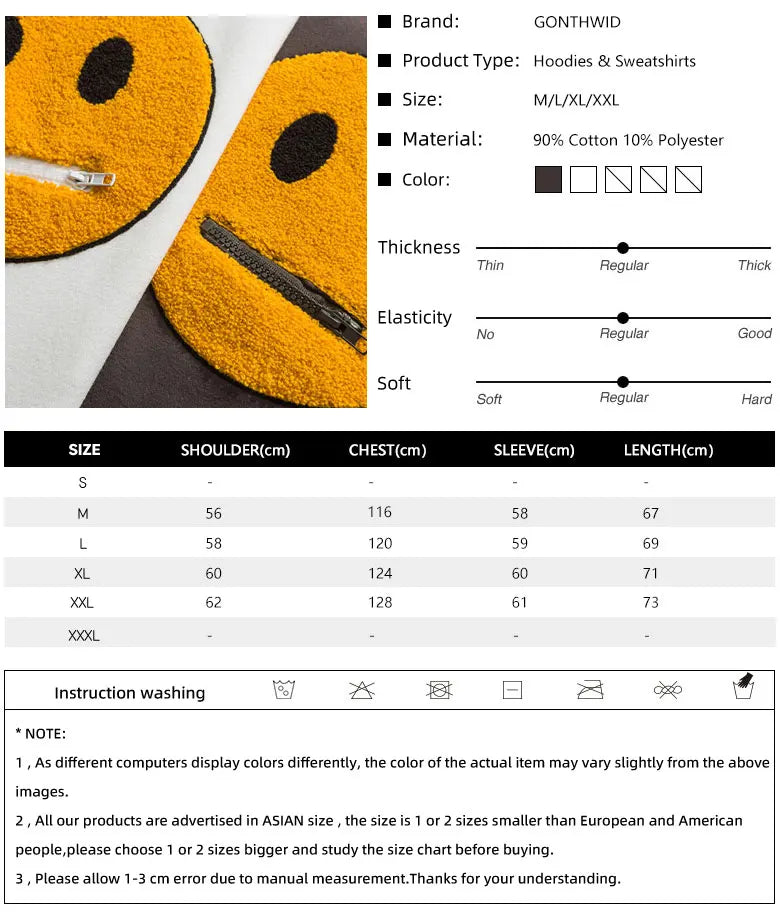GONTHWID Hoodies Streetwear Hip Hop Zipper Pocket Smile Face Patchwork Hooded Sweatshirts Harajuku Hip Hop Casual Pullover Tops Street King Limited