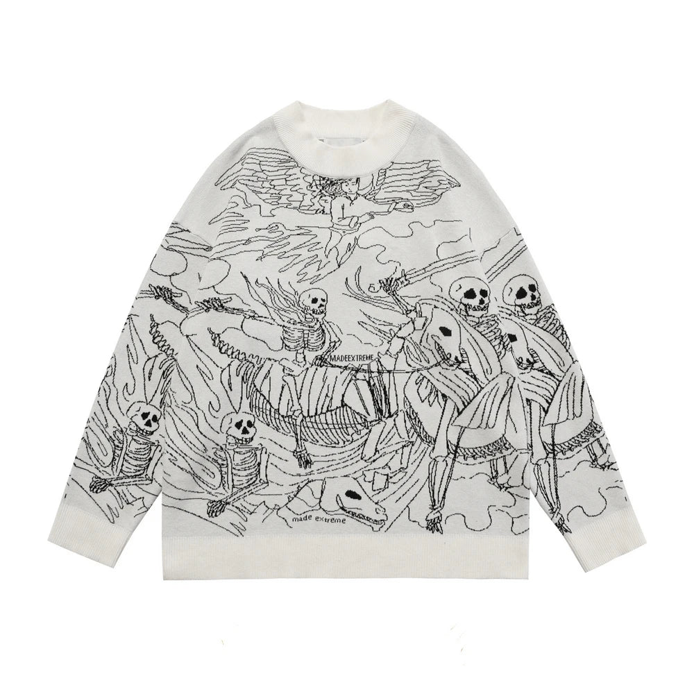 Vintage Knitted Sweater Harajuku Ukiyo-e Style Skull Graffiti Pullover 2021 Autumn Streetwear Sweater Men Women Cotton Knitwear Street King Limited