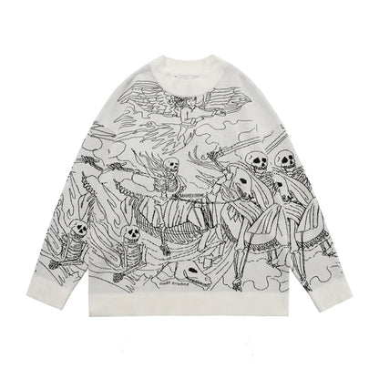 Vintage Knitted Sweater Harajuku Ukiyo-e Style Skull Graffiti Pullover 2021 Autumn Streetwear Sweater Men Women Cotton Knitwear Street King Limited
