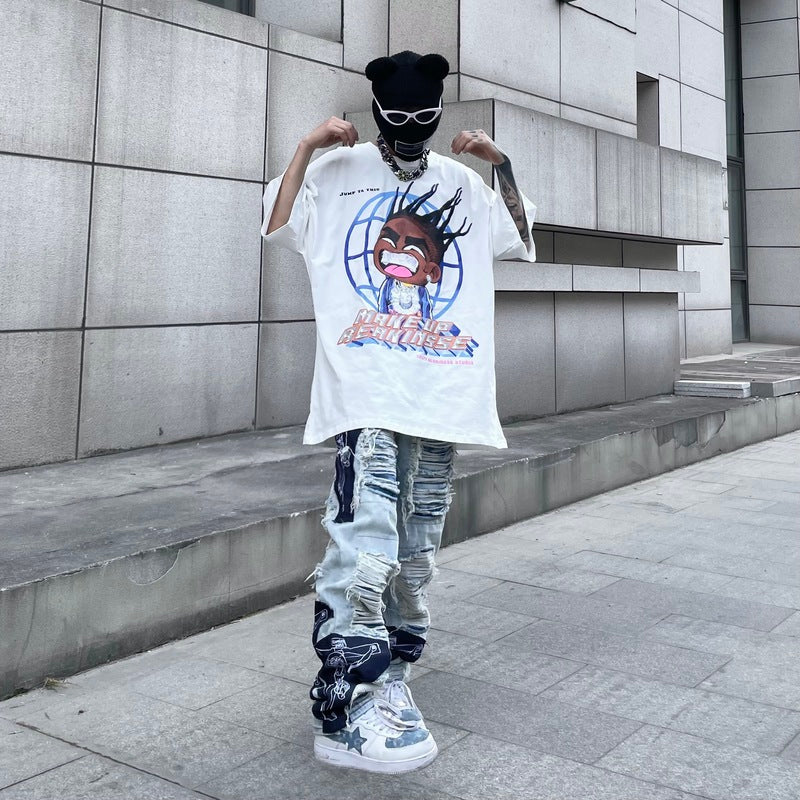 men high street denim jean pants casual loose destroyed ripped holes straight jeans fashion patchwork hip hop streetwear joggers unique joggers style 3505