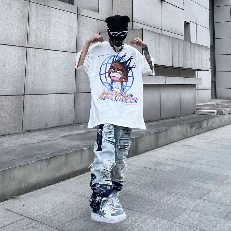 men high street denim jean pants casual loose destroyed ripped holes straight jeans fashion patchwork hip hop streetwear joggers sporty tapered joggers