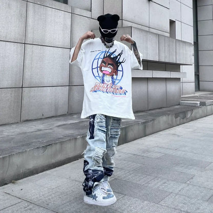 men high street denim jean pants casual loose destroyed ripped holes straight jeans fashion patchwork hip hop streetwear joggers sporty tapered joggers