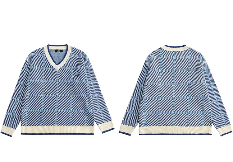 Men Hip Hop Knitted Sweater Streetwear Embroidery Heart Plaid Pullover 2023 Autumn Harajuku Cotton Casual Pullover Sweater Blue Street King Limited