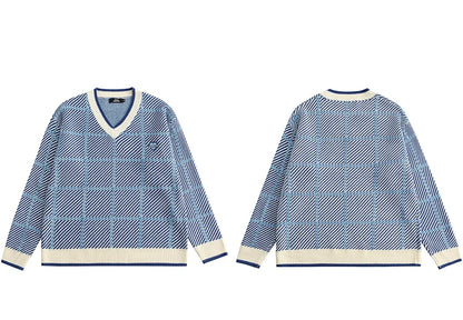 Men Hip Hop Knitted Sweater Streetwear Embroidery Heart Plaid Pullover 2023 Autumn Harajuku Cotton Casual Pullover Sweater Blue Street King Limited
