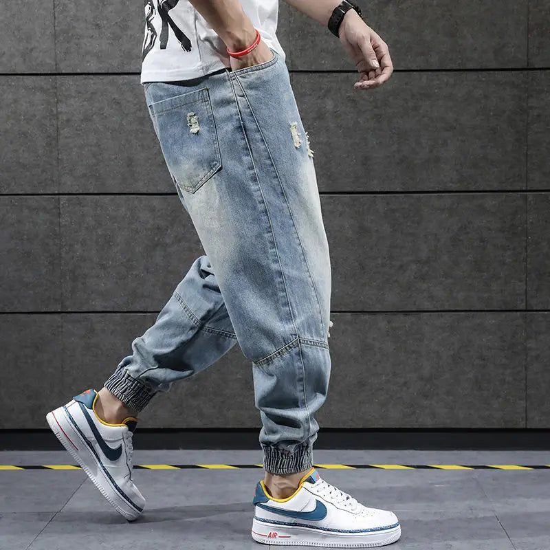 2023 new hip hop harem jeans pants men loose joggers denim casual sweatpants korea ankle length trousers streetwear male clothes sporty tapered joggers