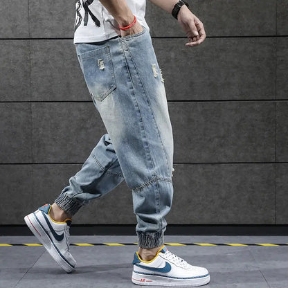 2023 new hip hop harem jeans pants men loose joggers denim casual sweatpants korea ankle length trousers streetwear male clothes sporty tapered joggers