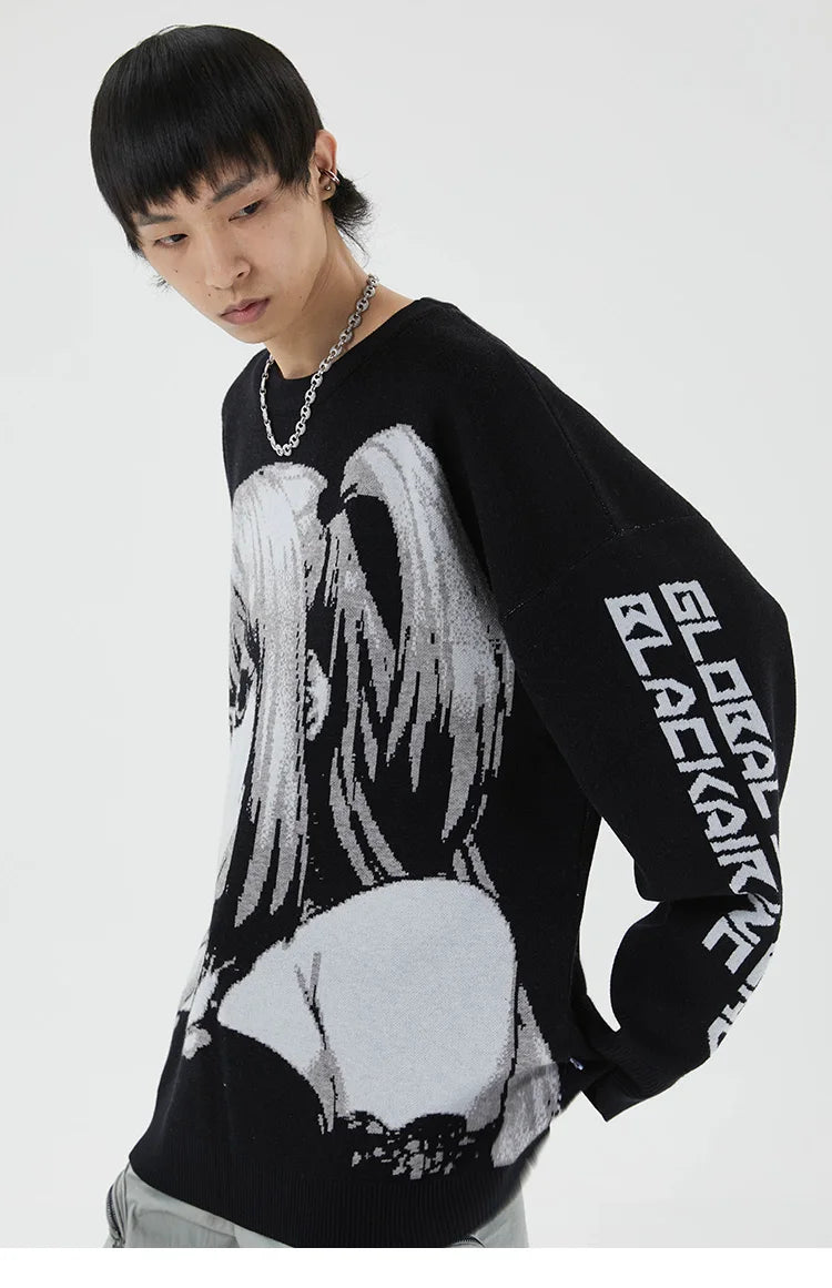 Mens Hip Hop Streetwear Harajuku Sweater Vintage Retro Japanese Style Anime Girl Knitted Sweater 2023 Autumn Cotton Pullover Street King Limited