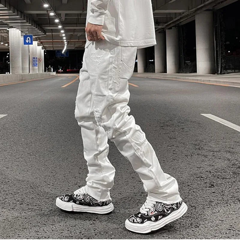 Harajuku Back Zipper Hole Ripped White Jeans Pants Mens Straight Washed Retro Oversized Streetwear Casual Denim Trousers Street King Limited