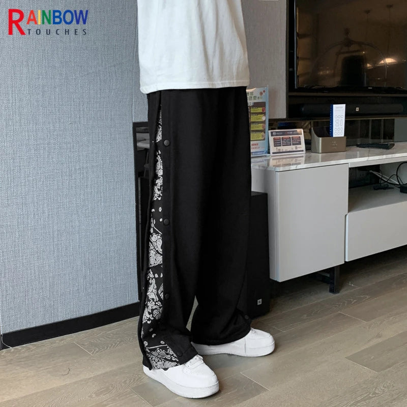 rainbowtouches fashion brand men pants harajuku stitched breasted summer casual bandana pattern hip hop loose wide leg trouser minimalist street pants