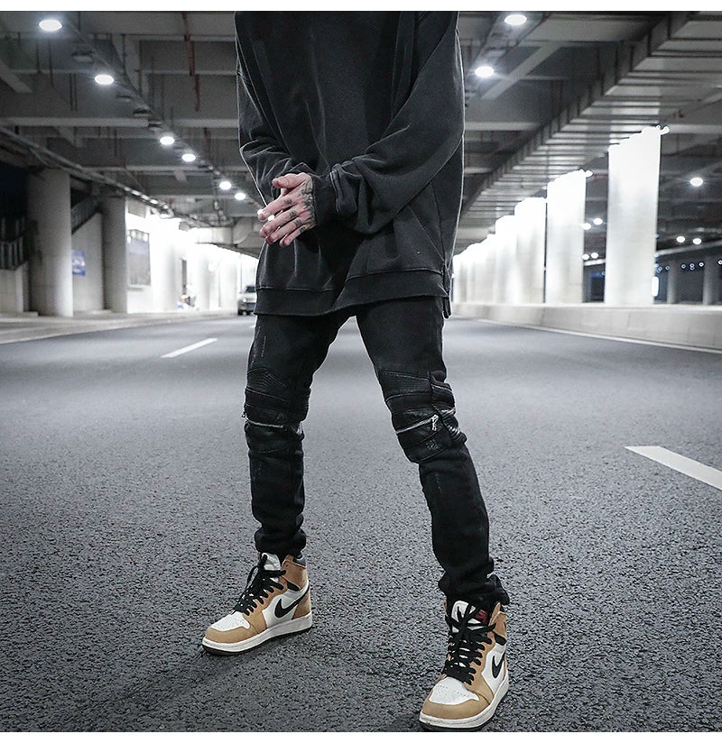 knee zipper hole patckwork skinny denim jeans men casual slim biker trousers jeans fashion streetwear hip hop jean pants joggers unique joggers style 22