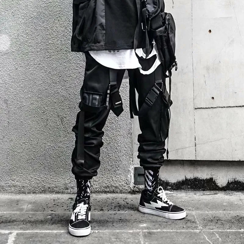 men hip hop black cargo pants joggers sweatpants overalls men ribbons streetwear harem pants women fashions trousers unique joggers style 2497