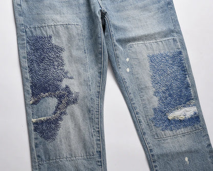 Heavy Industry Electric Embroidery Burning Washed Jeans Mens and Womens Patchwork Streetwear Harajuku Oversize Denim Trousers Street King Limited