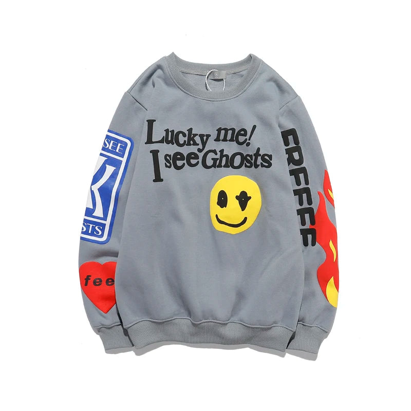 Harajuku Retro Letter Flame Puff Print Round Neck Sweatshirts for Men and Women Plus Velvet Streetwear Fleece Hoodie Pullover Street King Limited