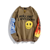 Harajuku Retro Letter Flame Puff Print Round Neck Sweatshirts for Men and Women Plus Velvet Streetwear Fleece Hoodie Pullover Street King Limited