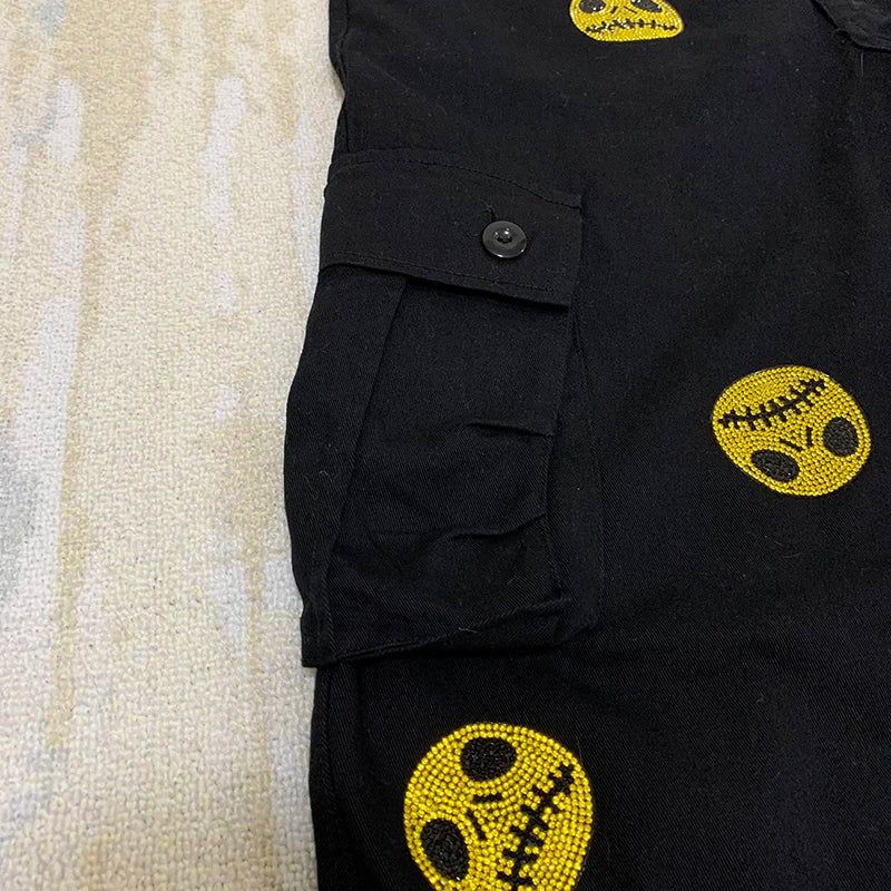 mens high street smilely loose cargo pants casual zipper straight jeans hip hop side pockets loose fit streetwear casual joggers unique joggers style 2483