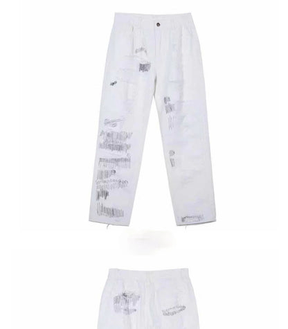 mens high street denim jean pants new casual loose ripped holes straight zipper white jeans trousers hip hop streetwear joggers unique joggers style 1600