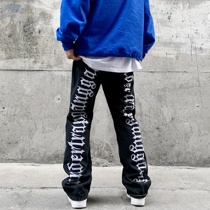 fashion back letters embroidery denim flare jeans mens zipper straight trouser hip hop destroy holes streetwear pants joggers unique joggers style 4604