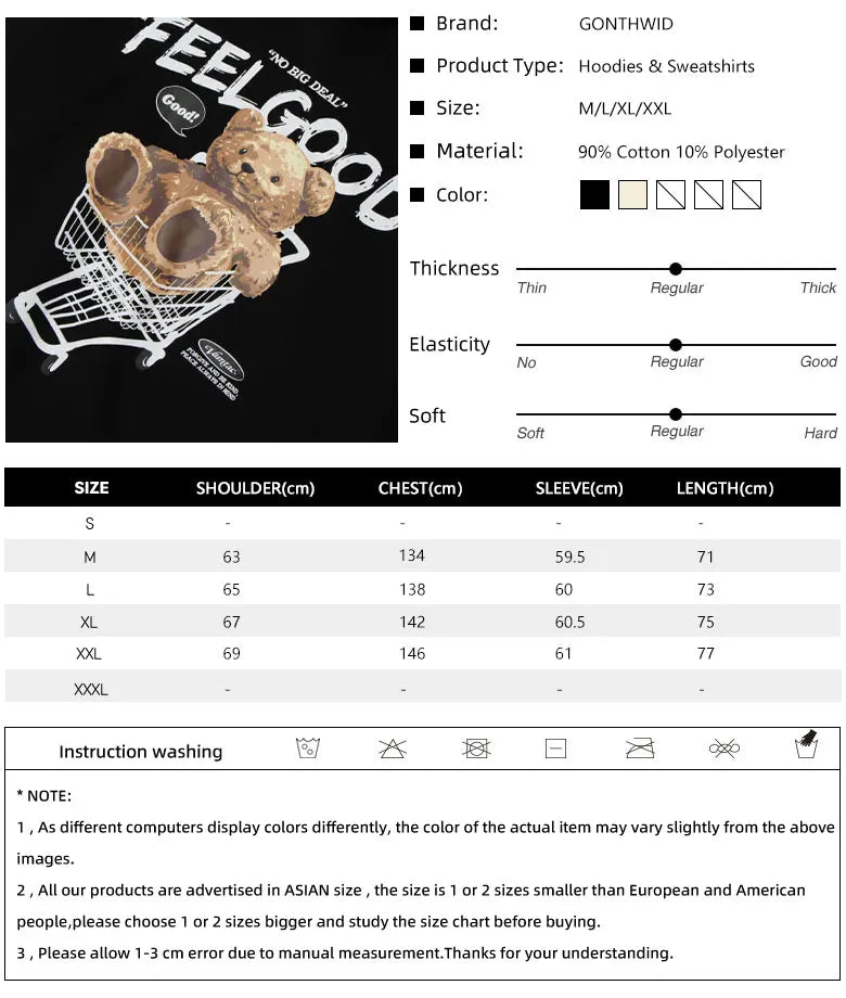 GONTHWID Men Hip Hop Hoodie Sweatshirt Streetwear Funny Bear Print Hooded Harajuku Winter Cotton Fleece Pullover Khaki Black Street King Limited