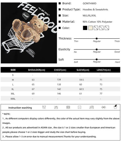 GONTHWID Men Hip Hop Hoodie Sweatshirt Streetwear Funny Bear Print Hooded Harajuku Winter Cotton Fleece Pullover Khaki Black Street King Limited