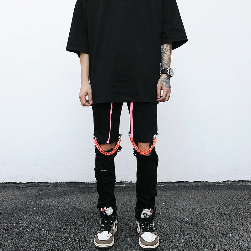 high street knee hole with chain ripped biker jeans mens slim fit denim pants autumn new streetwear casual hip hop pants joggers sporty tapered joggers