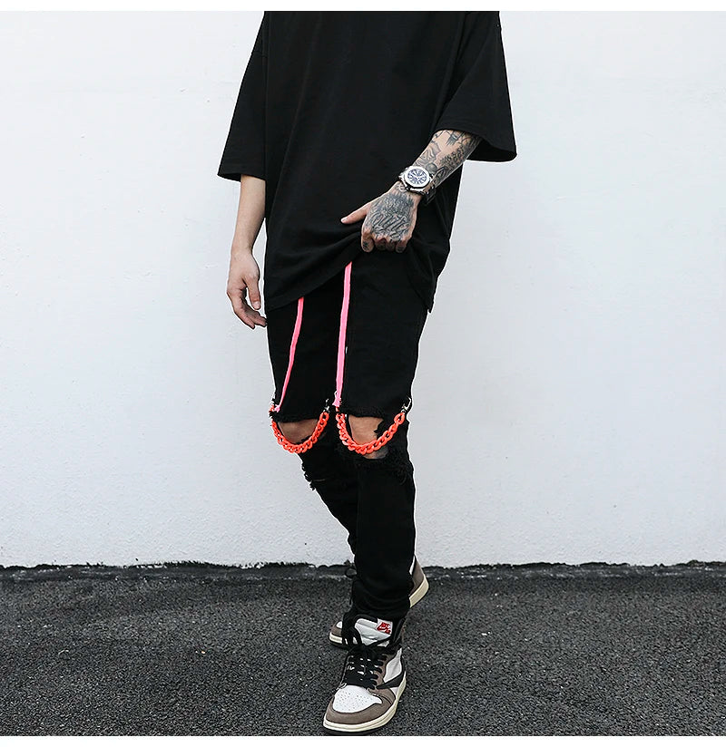 high street knee hole with chain ripped biker jeans mens slim fit denim pants autumn new streetwear casual hip hop pants joggers unique joggers style 3249
