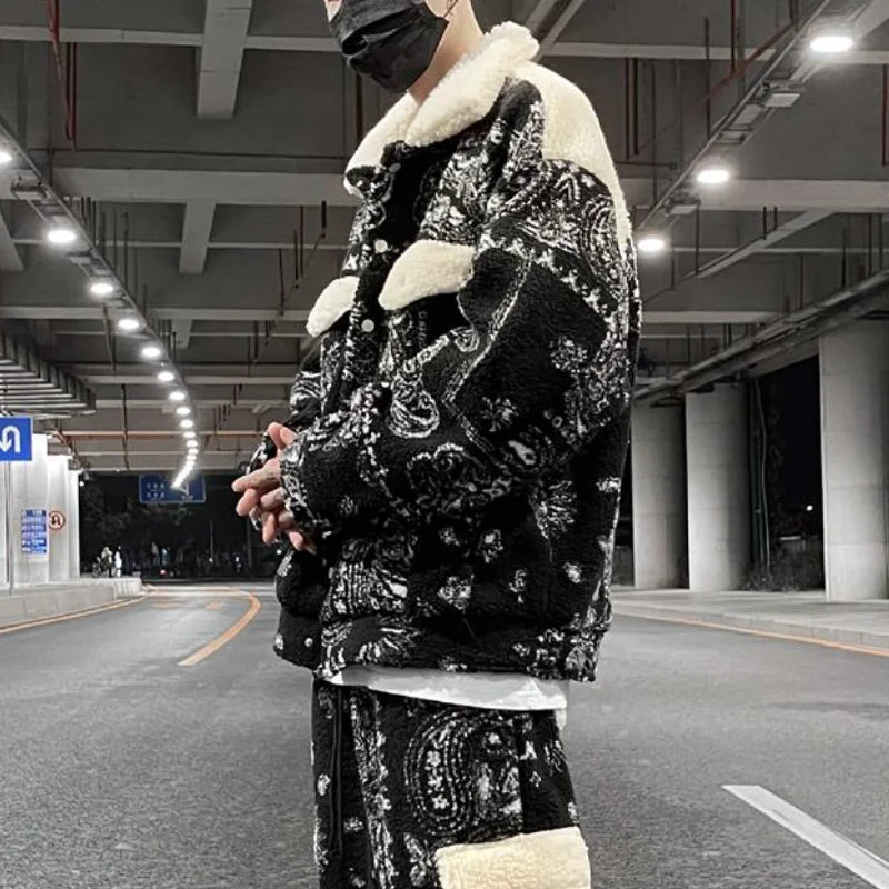 mens paisley fleece jackets coats fashion hairy single button loose bomber outerwears casual warm parkas thick streetwear jacket clean everyday pants