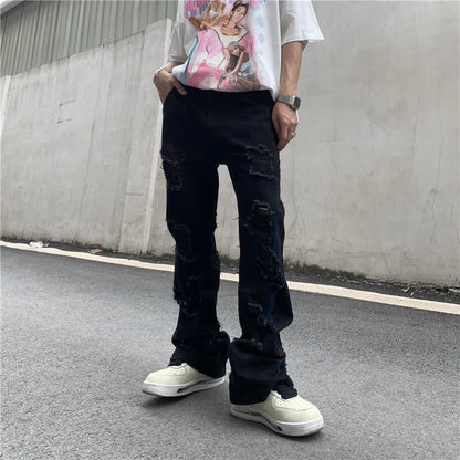 fashion back letters printed denim flare jeans mens zipper straight trouser hip hop destroy holes streetwear jean pants joggers unique joggers style 4650