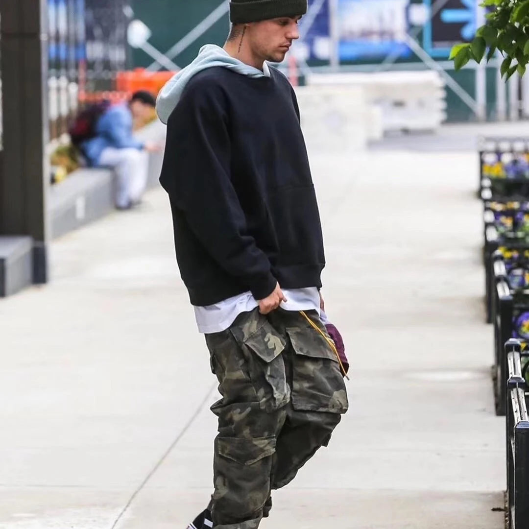 Camouflage Cargo Pants Bieber Hip Hop Vintage Multi-pocket Bottom Button Men's Cargo Trousers Streetwear Mens Military Pants Street King Limited