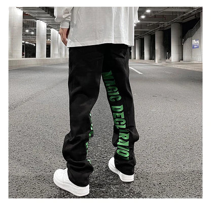 men jeans hip hop letters embroidery denim jeans high street casual loose straight elastic waist joggers hip hop streetwear pant unique joggers style 2855