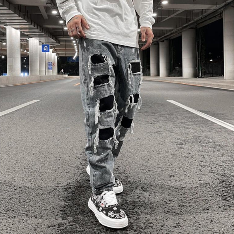 men ripped holes denim jean pants hip hip new fashion straight patchwork pants new casual jeans streetwear mens trousers joggers unique joggers style 393