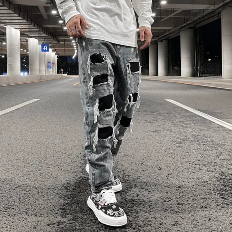 men ripped holes denim jean pants hip hip new fashion straight patchwork pants new casual jeans streetwear mens trousers joggers relaxed fit joggers