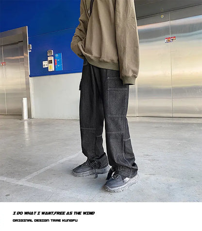 men jeans wide leg denim pants loose straight baggy mens jeans hip hop streetwear skateboard neutral denim trousers cargo jeans unique cargo style 2480