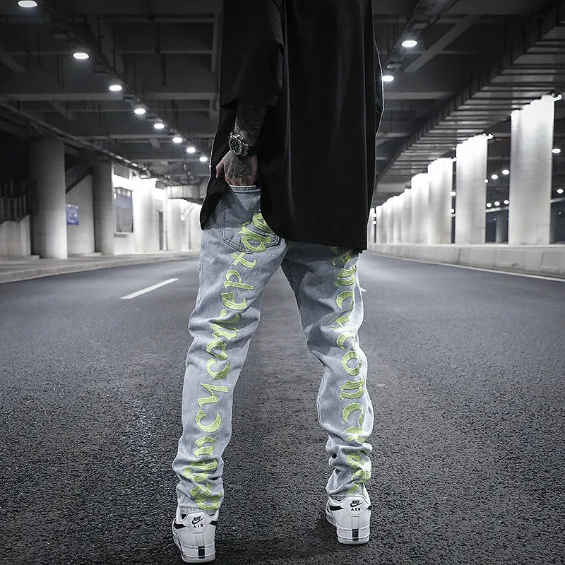 men back letter embroidery denim jean pants fashion slim zipper biker jeans trouser new casual hip hop streetwear pants joggers unique joggers style 279