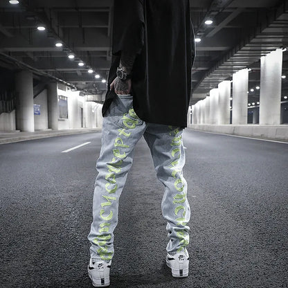 men back letter embroidery denim jean pants fashion slim zipper biker jeans trouser new casual hip hop streetwear pants joggers unique joggers style 279