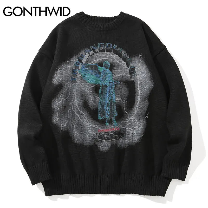 GONTHWID Knitted Sweaters Hip Hop Lightning 3D Angel Statue Print Pullover Sweater Streetwear Hip Hop Fashion Casual Loose Tops Street King Limited